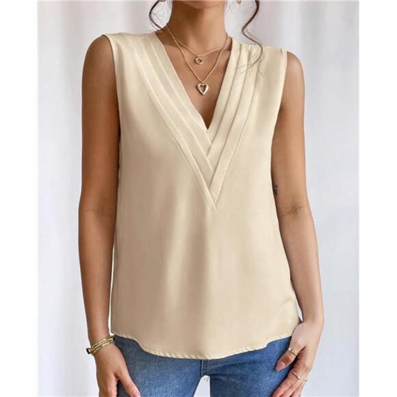 🌸 Elegant V-Neck Layered Blouse for Women – Sleeveless Solid Top - Picture 3 of 6